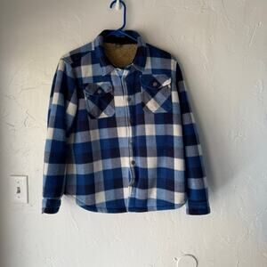 Eddie Bauer Boy's Size Large 12/14 Blue Plaid Sherpa Lined Fleece Button Sweater